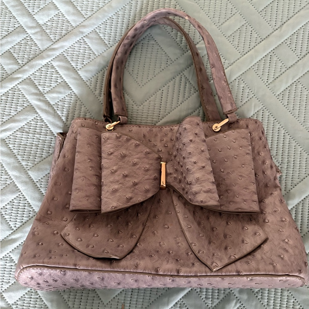 Crossi Light Gray Bow Front Handbag  Satchel Zip Close Inside Pockets 11.5 x 9"
